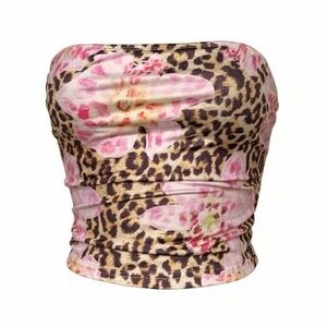 NWT Small Pink Leopard Print Strapless Tube Top Stretchy Sleeveless Crop Y2k 90s